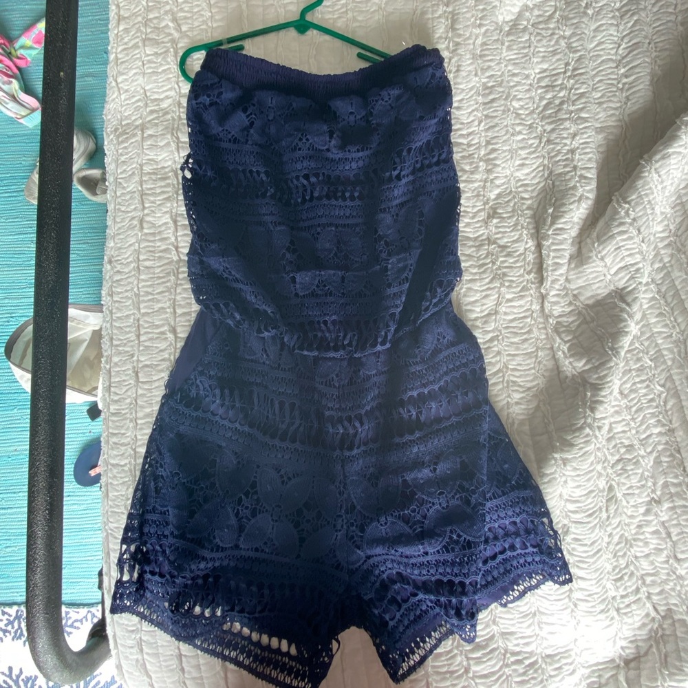 Cozy casual navy lace strapless romper